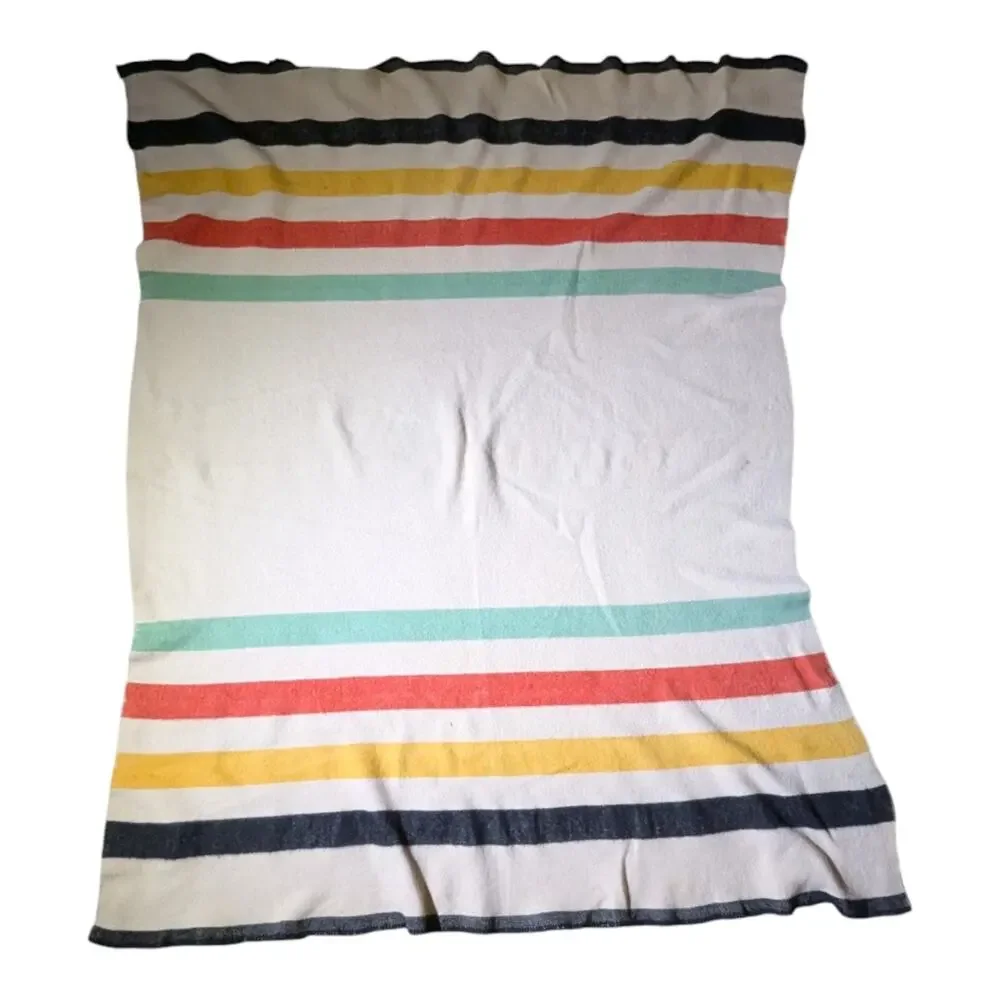 Vtg 1950s Golden Dawn Penco Health Hudson Bay Striped Wool Throw Blanket 59 x 74